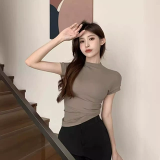 2025夏季修身显瘦打底衫内搭学生上衣ins潮纯欲风半高领短袖T恤女