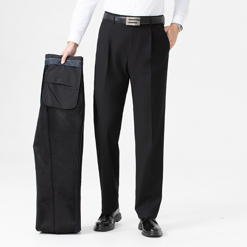 轻奢高端桑蚕丝羊毛西裤男士2025秋冬装商务宽松单折加绒加厚西裤