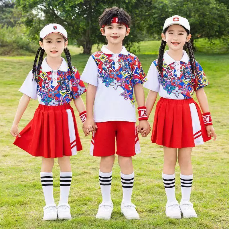儿童校服夏季短袖短裤套装儿童表演服红色园服幼儿园毕业拍照班服