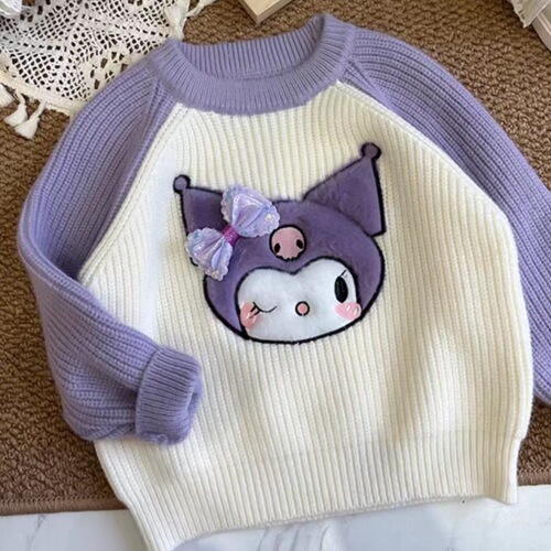 Children's Hooded Sweater  New Kuromi Cartoon Knit Top for Girls Baby Thick Autumn Winter Sweater Cute Korean Style