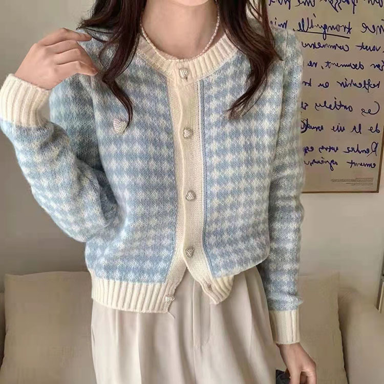 Knitted Cardigan Internet Celebrity Elegant Casual Small Fragrant Style Plaid Top Round Neck Long Sleeve 2025 Spring & Fall Sweater Women's Outwear