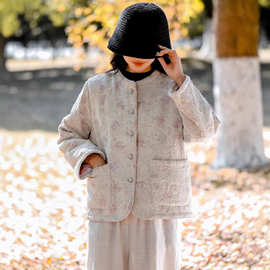 新中式轻国风夹棉外套女2025冬季新款圆领棉麻腰果花刺绣短款棉衣