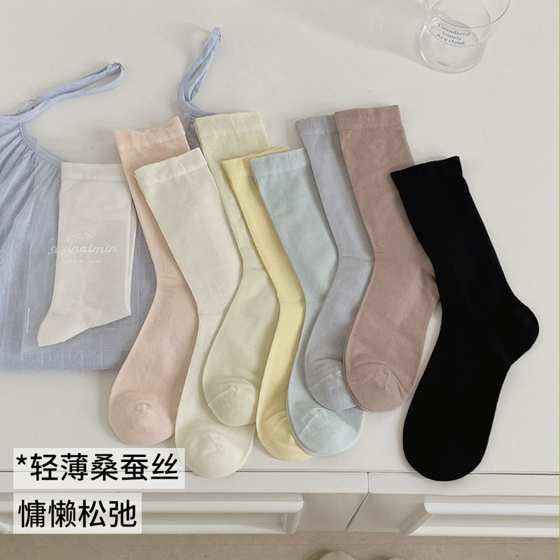 夏用女性用ソックス、極薄マルベリーシルクソックス、涼しく通気性のあるバレエスタイルの無地ボンレスミッドチューブソックス|undefined
