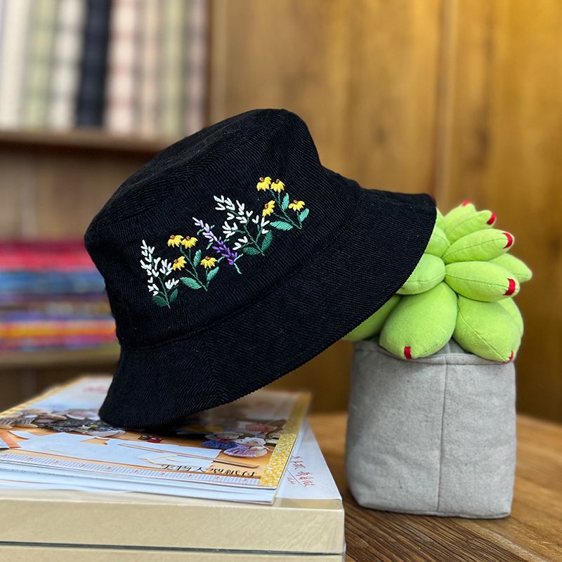 Lu bordado a mano diy sombrero de pescador sombrero de deportes para hombres y mujeres estudiantes sombrero de flores de dibujos animados casuales coreanos