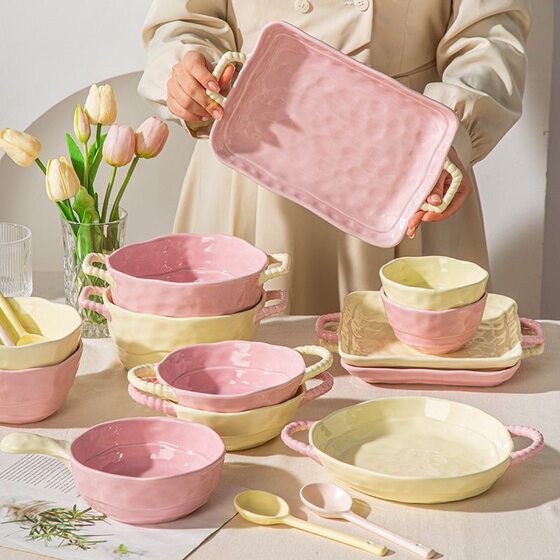 Ins Color Matching High-End Ceramic Handle Bowl Baking Bowl High-Value Plate Atmosphere Instant Noodle Bowl Fruit Yogurt Bowl