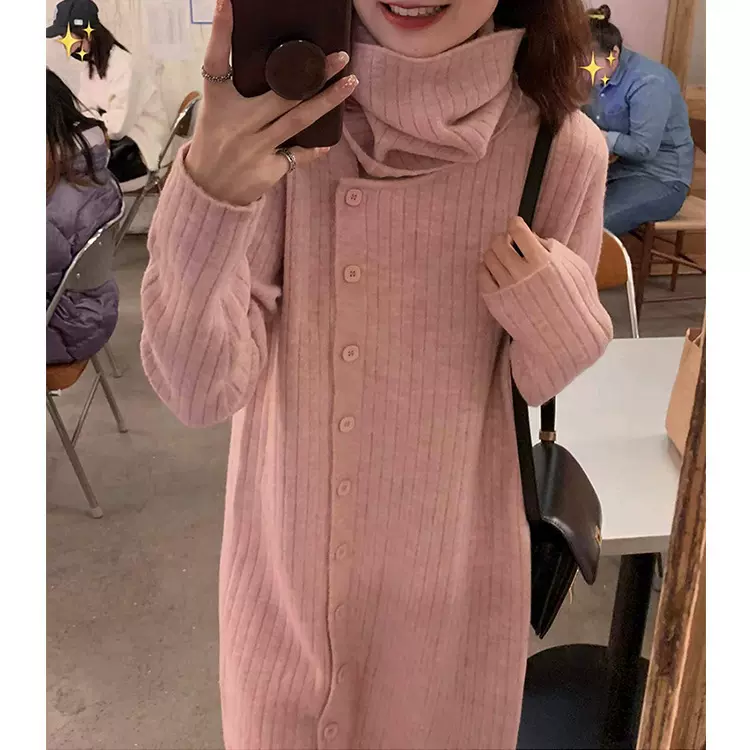 日韩休闲过漆中长款针织连衣裙2024秋冬新款高领可拆卸设计感毛衣