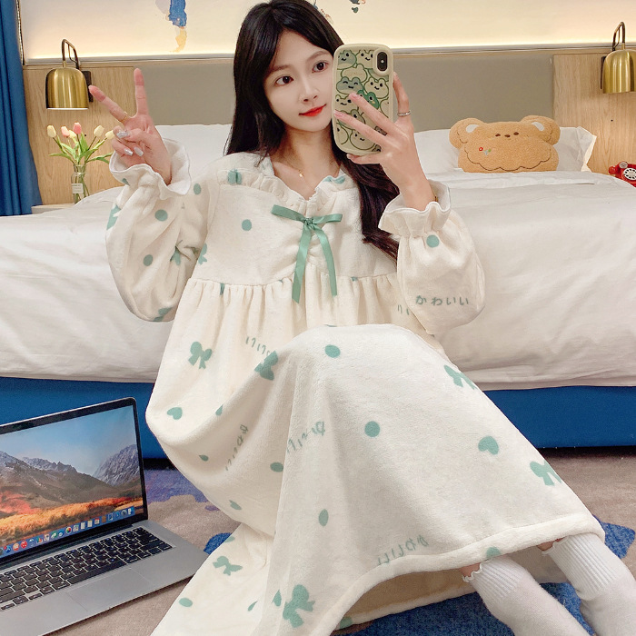 2024 pijamas de invierno gruesos de franela calentamiento vestido de pijama de arco de mujer vestido de pijama dulce lindo ropa para el hogar