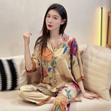 中老年睡衣女春夏新中式大码仿香云纱提花锦缎家居服套装薄款