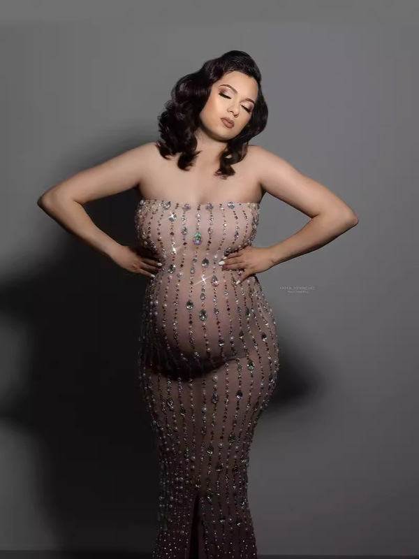 Luxury Shining Hot Drilling Strapless Pregnant Women dress Dress Hot Drilling European and American Foreign Trade Pregnant Women Photography Photo Elastic