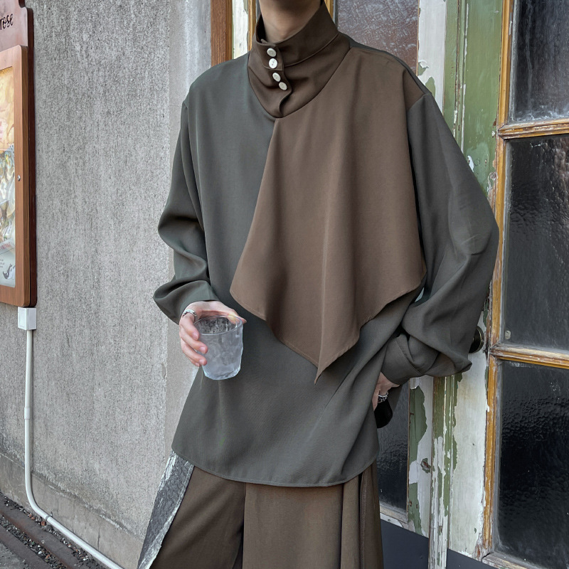 Design Sense Niche Stitching Collar Shirt Men's plus size Retro Half-high Collar Shirt High-end Sense Yaosi Yamamoto Jacket