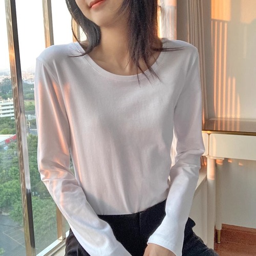 2025 early autumn pure cotton solid color long-sleeved T-shirt for women with large size 200 catties round neck inner bottoming shirt wholesale clothes for women