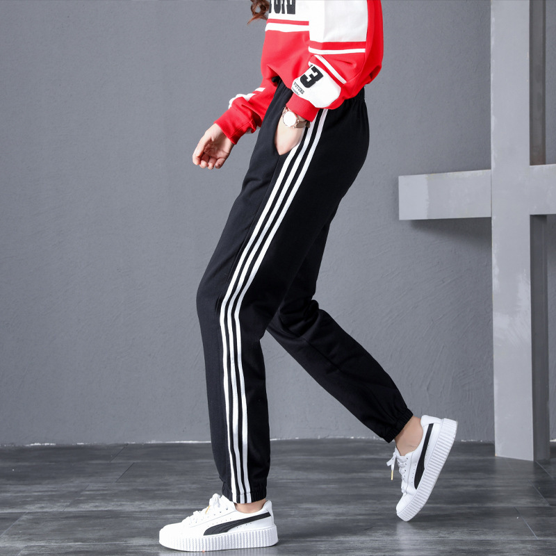 Ins Women's Sports Pants with Three Stripes, Korean Style Student Pure Cotton Loose Pants, Black Versatile Lantern Casual Pants