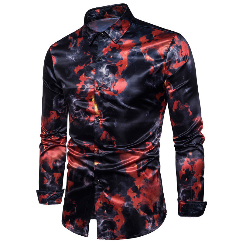 Cross-Border 2025 New Spring Men's Long-Sleeved Shirt Fashionable Red and Blue Flame Printed Shirt Men's Casual Shirt