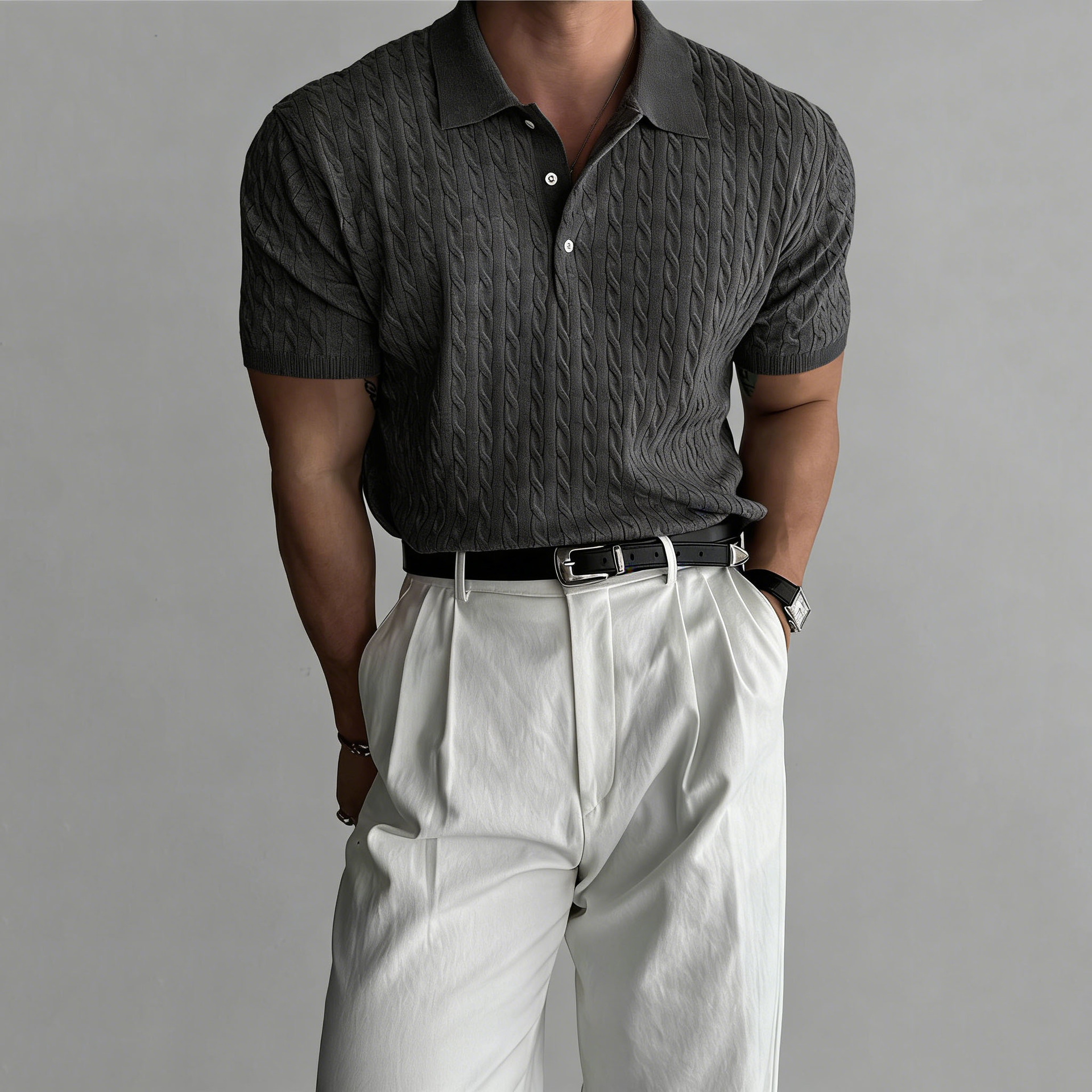 Polo camiseta de punto camiseta de manga corta camiseta de hombre solapa texturas de torsión viejos viento de hielo de verano fábrica transfronteriza al por mayor image 11