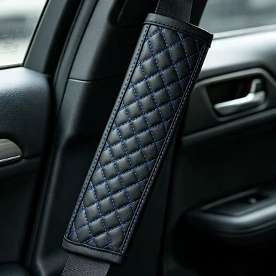 Seat belt shoulder pad: Protector Leather Color-Blocked Shoulder - black-leather-blue-thread-diamond-quilted-shoulder-pads-23715cm