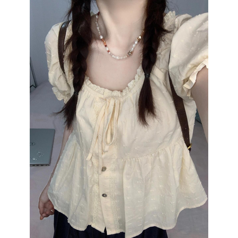 French Sweet Lace Babydoll Short-Sleeved Shirt for Women Summer Chic Slimming Puff Sleeve Square Neck Top