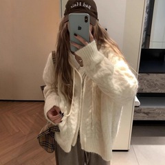 连帽麻花毛衣外套女2025秋冬韩系新款宽松慵懒软糯女装针织开衫女