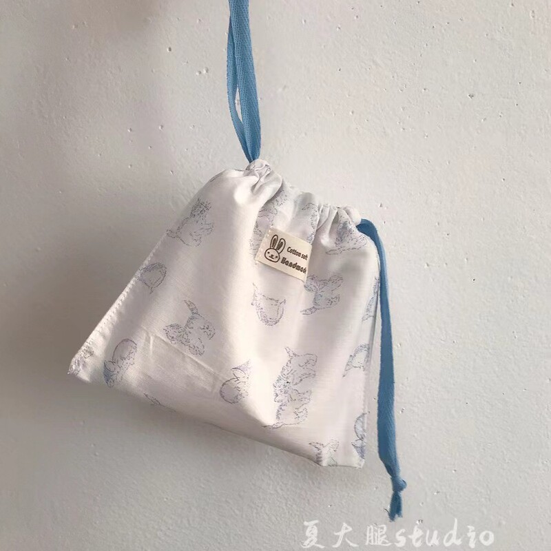 新品粉白色蓝色小猫咪抽绳收纳袋自制束口袋整理袋棉手拎包ins风|undefined