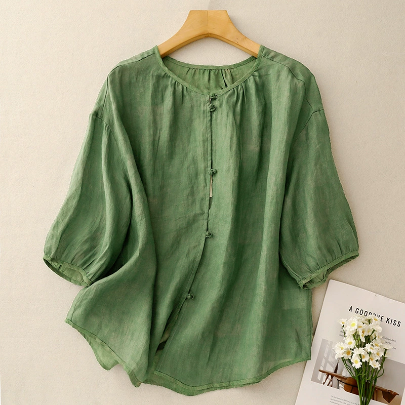 Настоящая фотография летнего топа из чистого китайского хлопка ручной работы на пуговицах из чистого рами