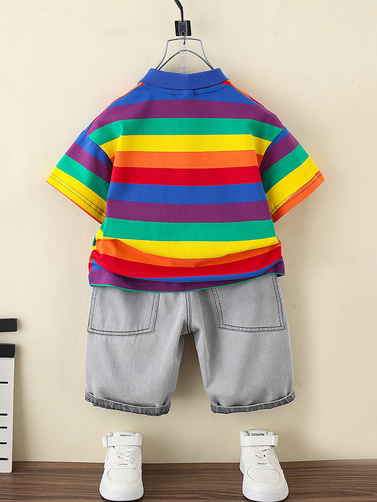 Conjunto de verano para niños 7376, estilo nuevo 2026, pantalones cortos de mezclilla para niños, conjunto de dos piezas de manga corta para bebé, a la moda