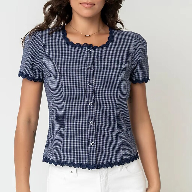 Cross-border foreign trade European and American summer plaid short-sleeve shirt, new lace unique hot girl shirt, casual top