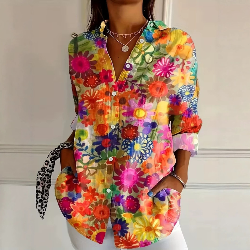 Cross-Border Y2 Independent Site European and American Style Summer Casual Floral Shirt Women's Long-Sleeve Shirt 3D Printed Shirt