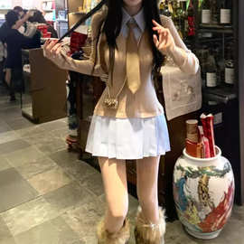 迷糊学姐 学院风毛织连衣裙拼接蓝色衬衫百褶裙假两件裙子女
