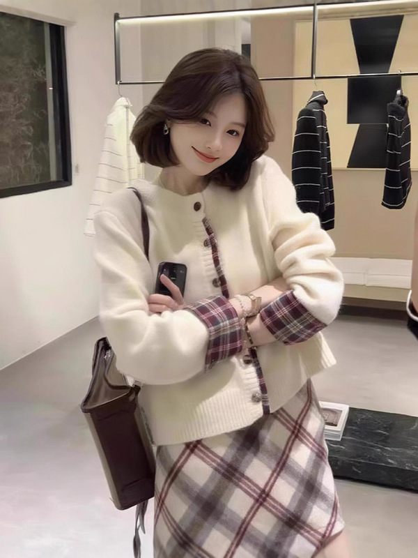 假两件格子拼接针织开衫女秋冬季软糯毛衣外套内穿搭灰色正肩上衣|undefined
