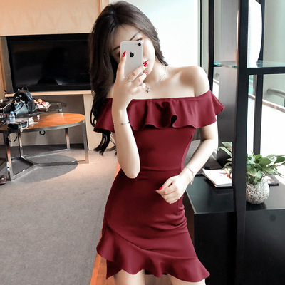 2021新款女装礼服法式一字肩不规则包臀短裙子夏荷叶边性感连衣裙|ru