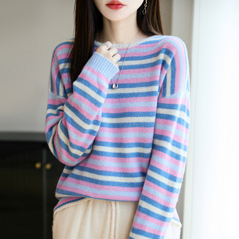 100%纯羊毛2025秋冬新款女士宽松圆领彩色条纹上衣打底针织衫毛衣|undefined