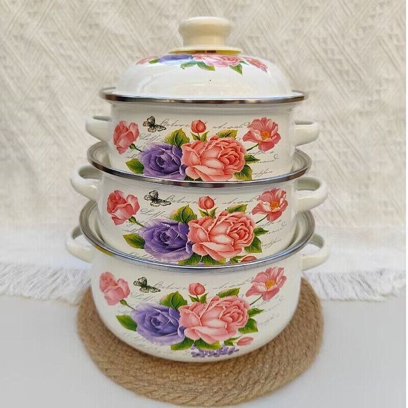 Tres piezas de esmalte olla esmalte pan hogar diario multi-especificación esmalte olla con tapa binaural regalo sopa olla