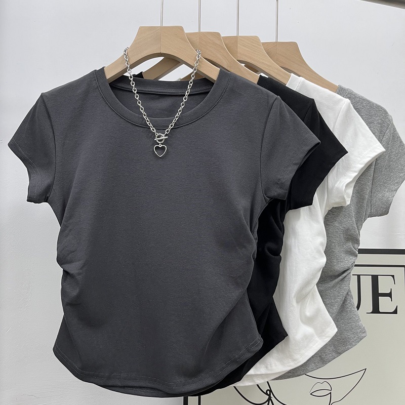 Slim Fit Type Wholesale Women's Casual Solid Color Short Sleeve Pleated T-Shirts