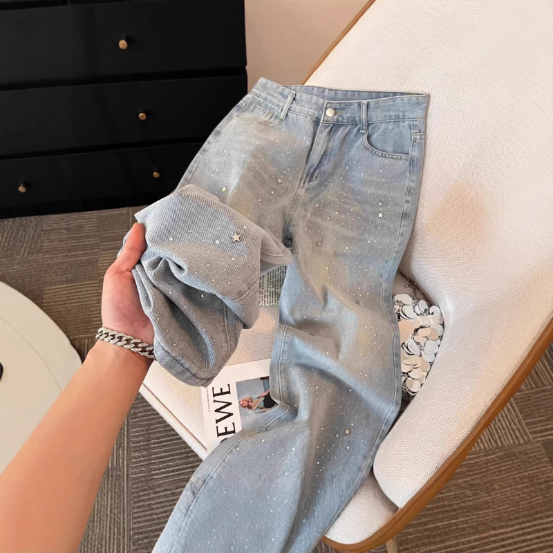 Light Blue Heavy-Duty Rhinestone Straight-Leg Jeans for Women, 2026 New High-Waisted Loose Slimming Narrow Wide-Leg Pants Light Blue Heavy-Duty Rhinestone Straight-Leg Jeans for Women, 2026 New High-Waisted Loose Slimming Narrow Wide-Leg Pants