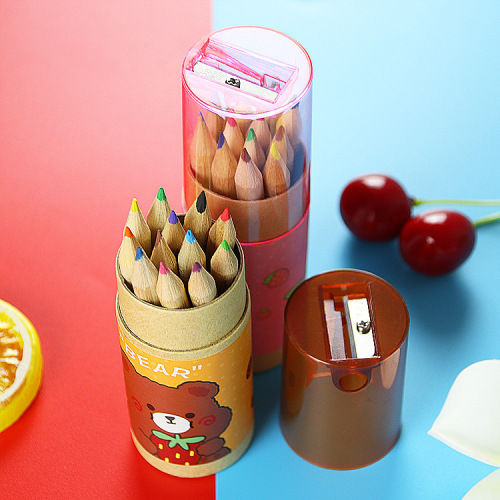 Cartoon Children's Color Pencils 12 Colors Painting Pens with Sharpener, Color Pencil Case Set Student Stationery Bamboo Pencils