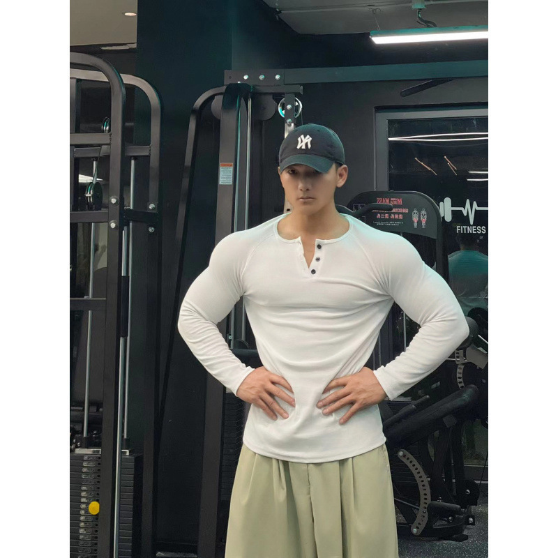 Henley shirt, American-style ribbed cotton, Amekaji men's raglan sleeve, fitness-enhancing, Henley collar T-shirt, sporty retro long sleeve Henley shirt, American-style ribbed cotton, Amekaji men's raglan sleeve, fitness-enhancing, Henley collar T-shirt, sporty retro long sleeve