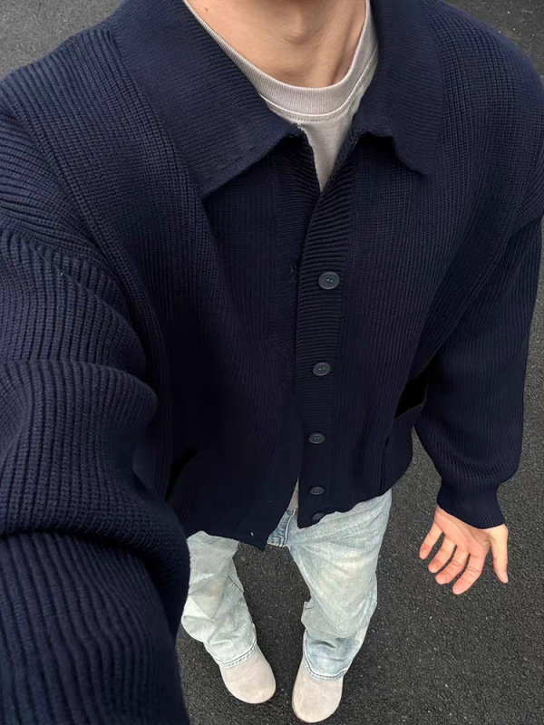 藏青色针织开衫男单排纽扣翻领卫衣外套美式cleanfit羊毛夹克衫潮|undefined