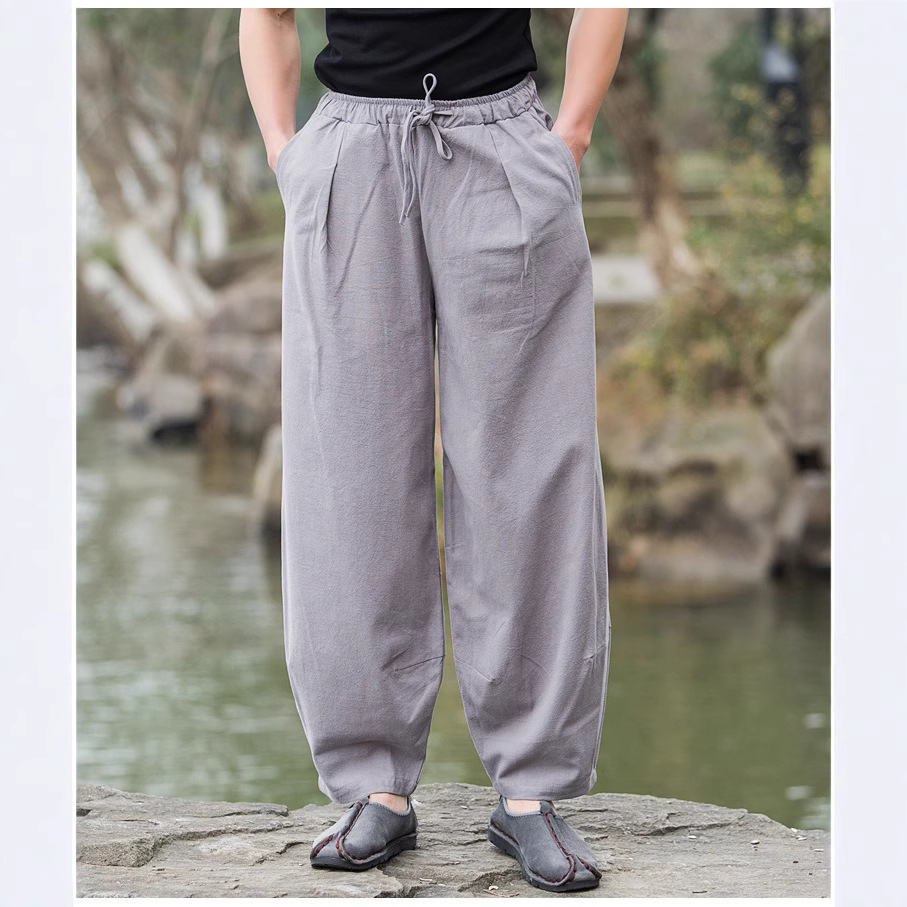 Pantalones casuales de lino de estilo chino de primavera y verano para hombres Pantalones anchos de talla grande de traje Tang de estilo retro de algodón y lino