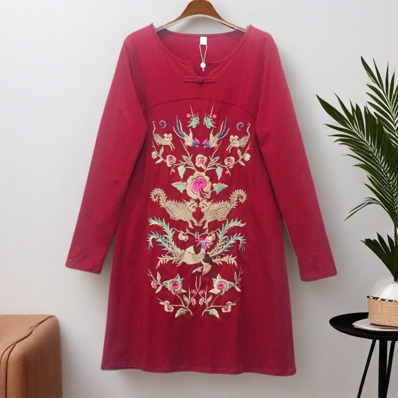 Special Offer Summer Ethnic Style Large Size Mid-Length Long-Sleeved Cheongsam Dress Slim Artistic Retro Embroidered Short Skirt Dress