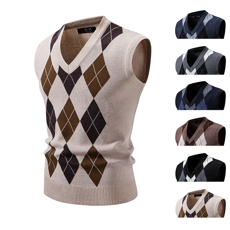 Diamond Plaid Jacquard Knitted Vest Men's Autumn and Winter New Sweater Vest Cross-Border Amazon Youth Casual Sweater