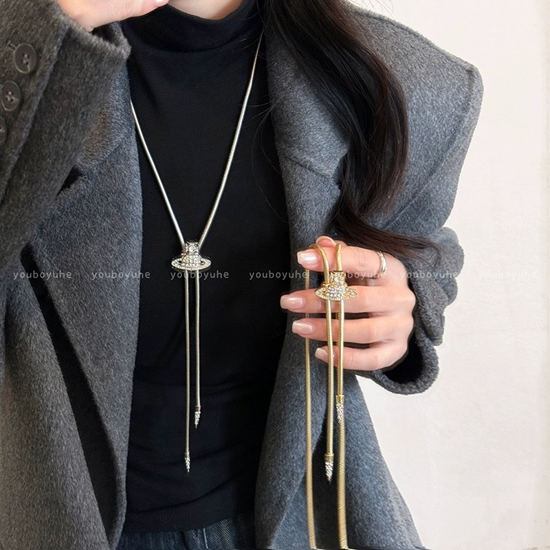 亮闪闪~ 锆石土星项链女秋冬长款蛇骨链轻奢小众冬天配毛衣的配饰