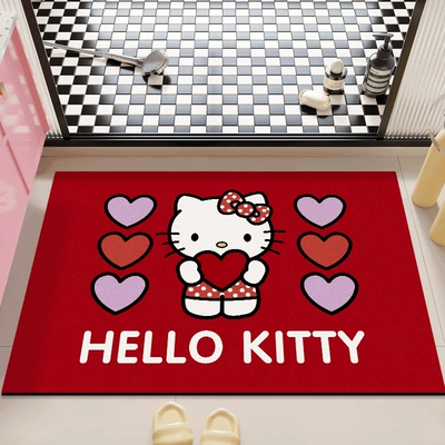 rug, quick-drying carpet for the bathroom, Avtomobil döşəmə paspasları - hello-kitty-red-double-row-of-hearts-40x60cm-diatom-mud