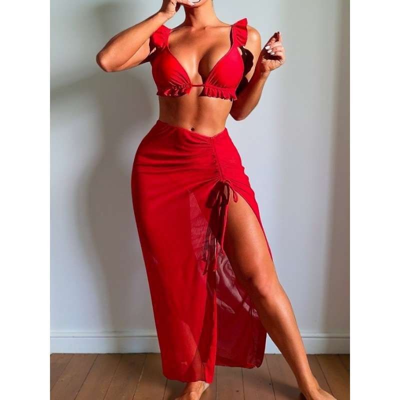 AliExpress European and American style solid-color, ruffled, and sexy three-piece bikini swimsuit, exclusively for cross-border sales on AliExpress