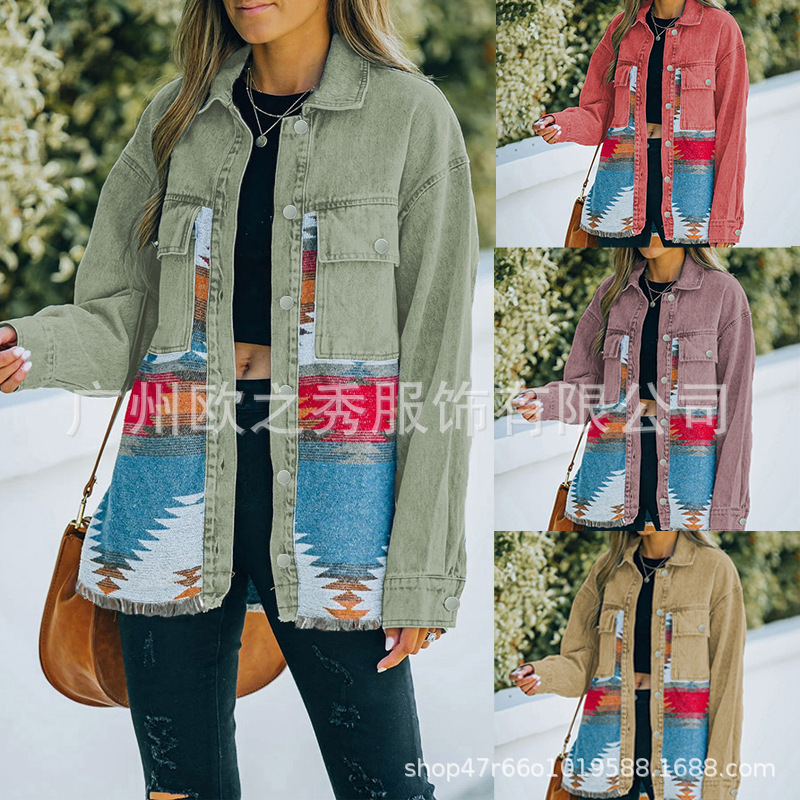 Aztec Patchwork Denim Jacket for Women, European and American Retro Style, Loose Fit Workwear Jacket with Frayed Edges, Export Bulk Goods Aztec Patchwork Denim Jacket for Women, European and American Retro Style, Loose Fit Workwear Jacket with Frayed Edges, Export Bulk Goods