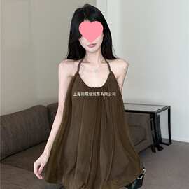 /彼得潘精灵 花苞挂脖系带度假风露背弹力纱裙连衣裙图片色针织布