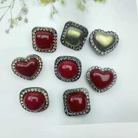 红色珍珠爱心方形镶钻合金配件 diy发夹头饰耳钉胸针纽扣饰品装饰