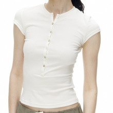 美式复古经典贝壳纽扣设计亨利领短袖女叠穿紧身显瘦弹力棉质T恤
