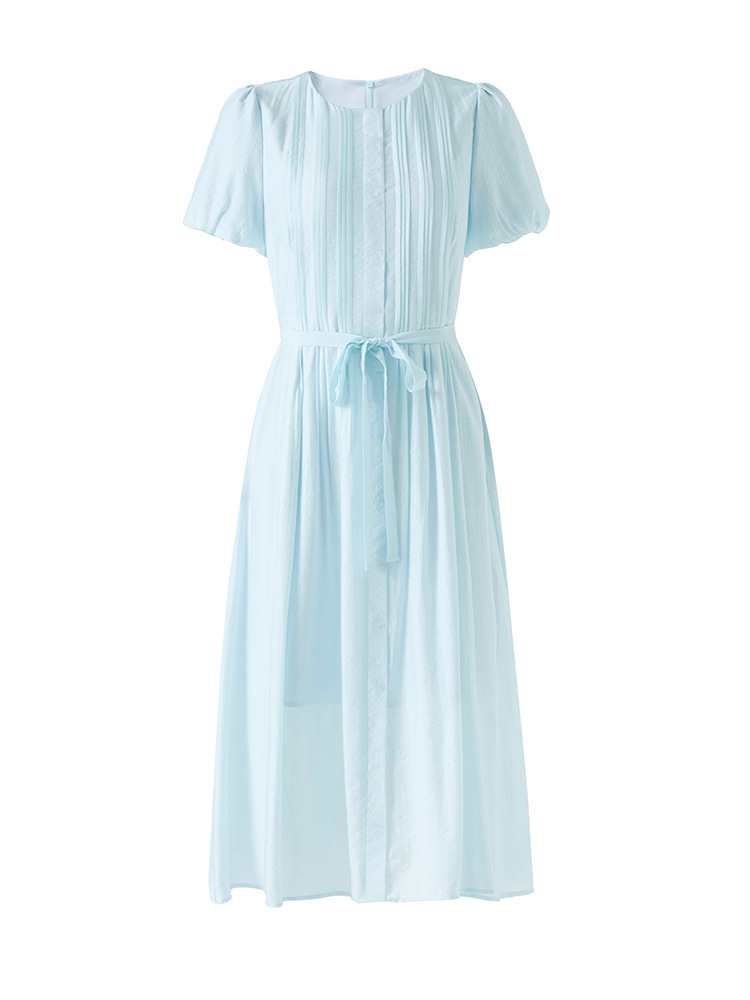 Đầm maxi nữ cổ tròn thắt lưng ren dáng dài — xanh lam