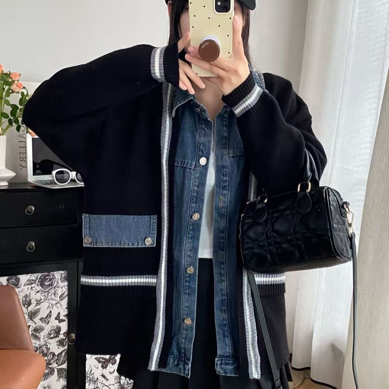 春秋冬设计感牛仔拼接假两件开衫毛衣休闲宽松百搭针织上衣外套|undefined