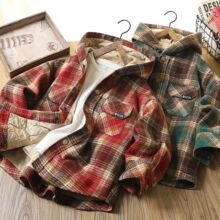 男童夹棉格子连帽外套2025秋冬新款童装儿童加厚中大童衬衫上衣潮