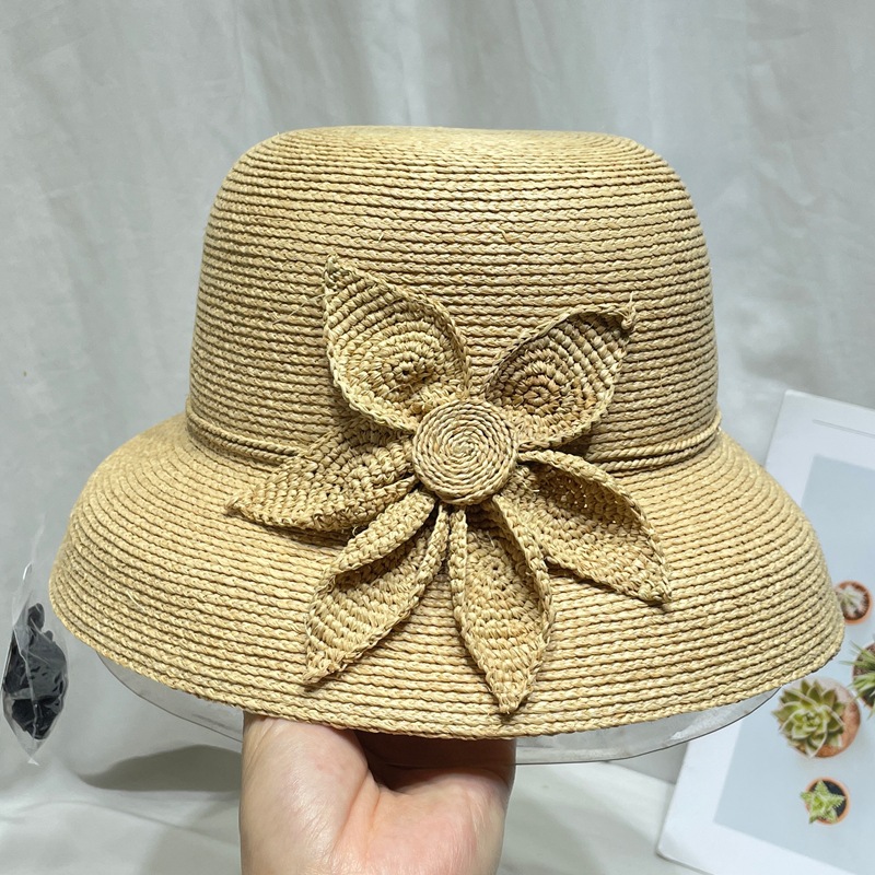 Hepburn Style Hepburn-style Floral Raffia Straw Women, Elegant Summer Bucket For Seaside Vacations, Sun Protection And Shade Beach Hat_voghion.com